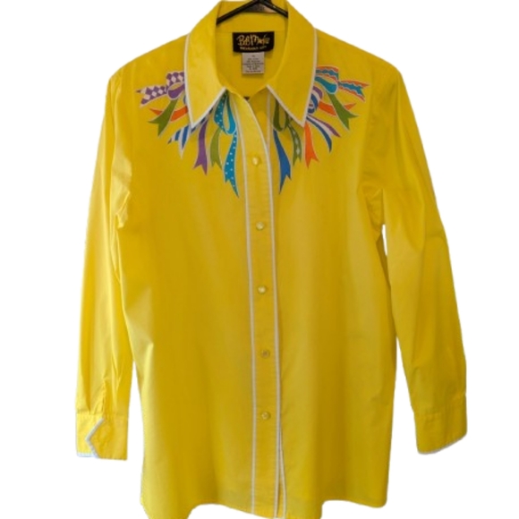 Bob Mackie Wearable Art Shirt M Button Down Yellow Embroidered Western Ribbons - Picture 1 of 6
